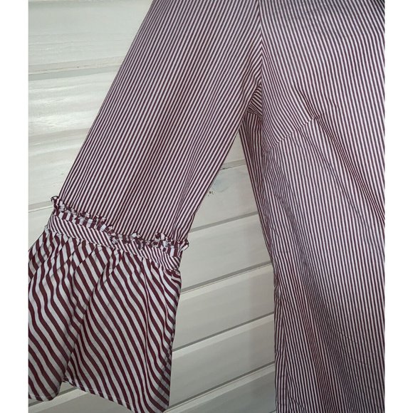 Talbots Sz SMALL Side Zip Tunic Blouse Red White Stripes Ruffle Collar EUC - Picture 3 of 8